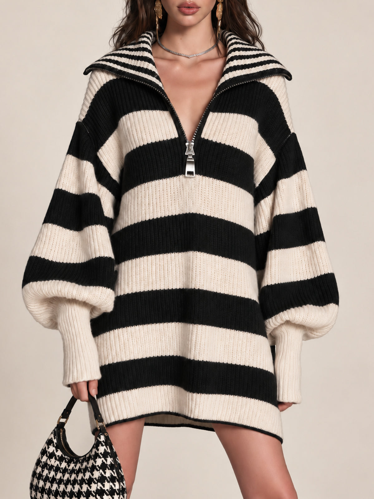Black & Cream Striped Half-Zip Oversized Knit Mini Dress