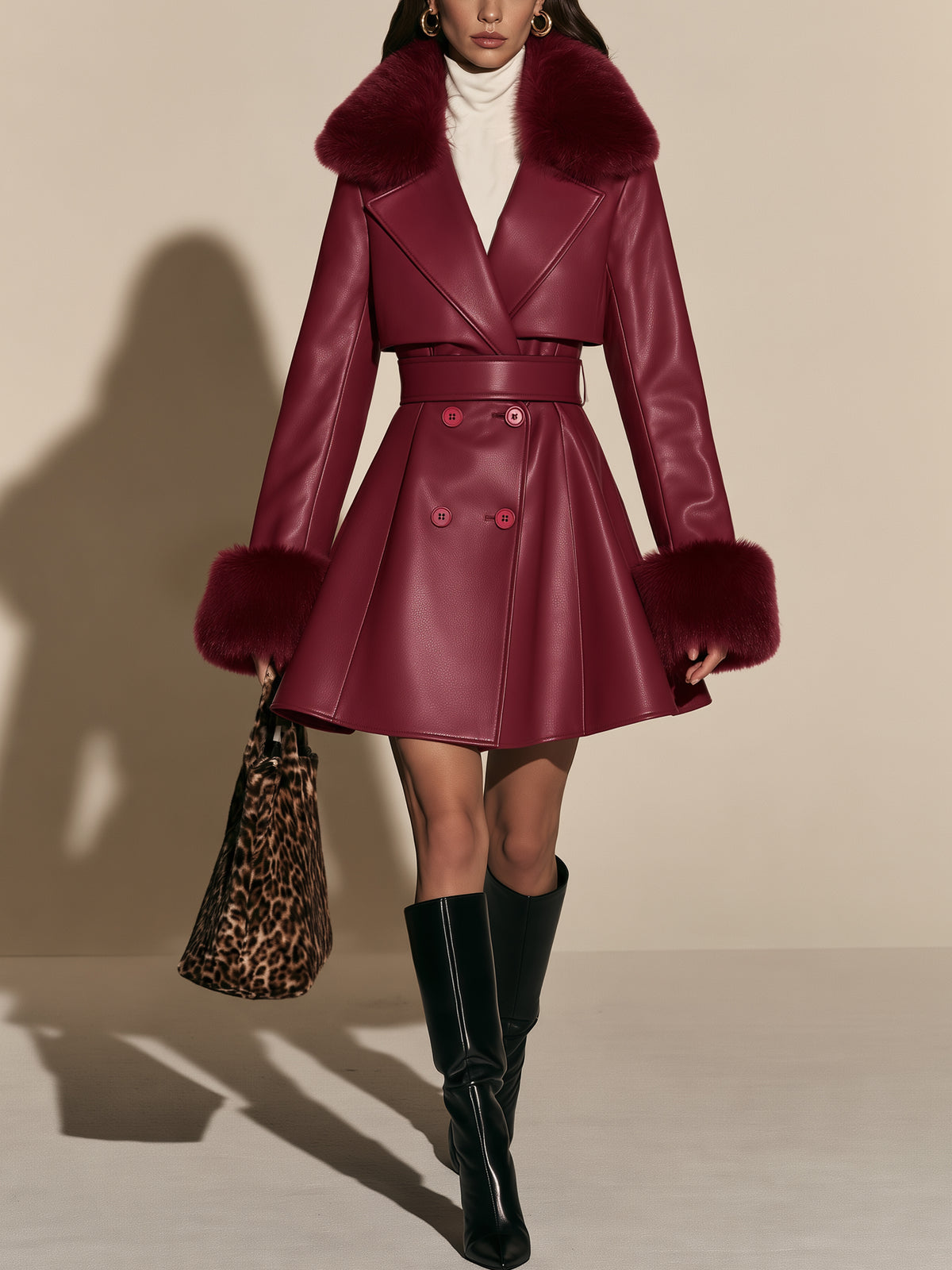 Faux Leather Detachable Fur Trim Trench Dress Coat