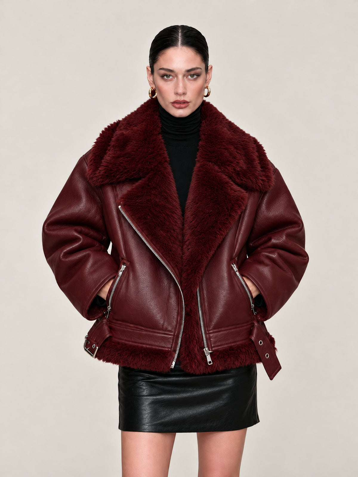 Burgundy Faux Leather Shearling Aviator Jacket With Fur Collar