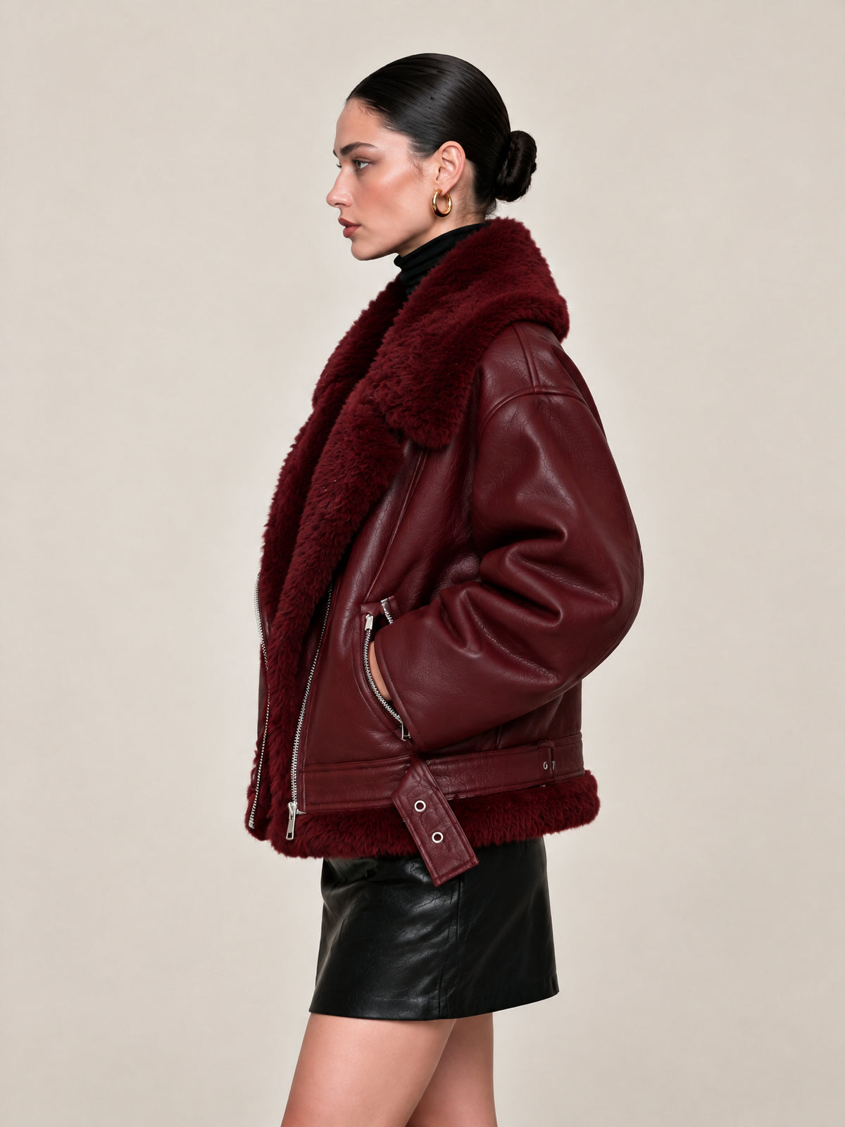 Burgundy Faux Leather Shearling Aviator Jacket With Fur Collar