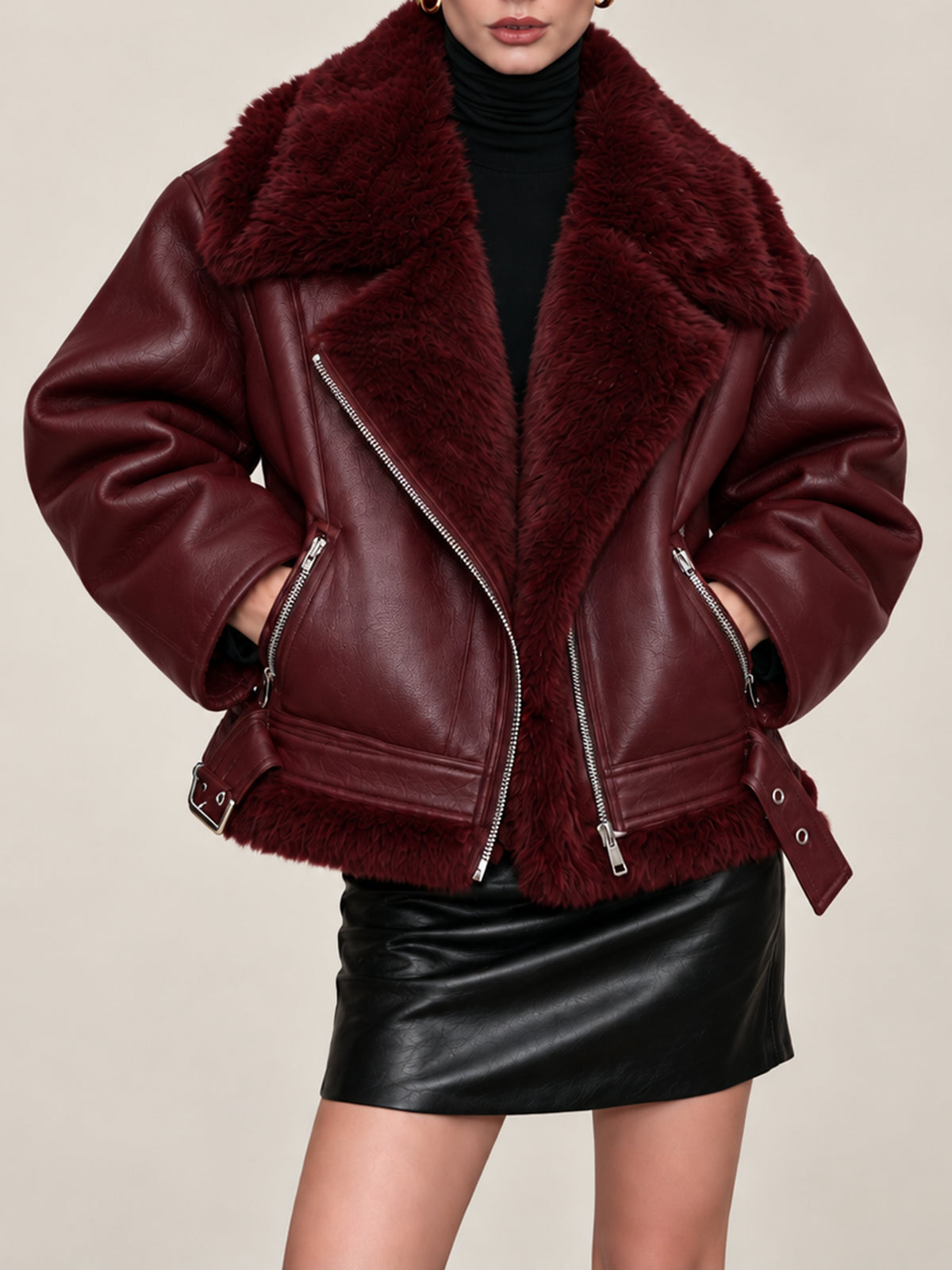 Burgundy Faux Leather Shearling Aviator Jacket With Fur Collar