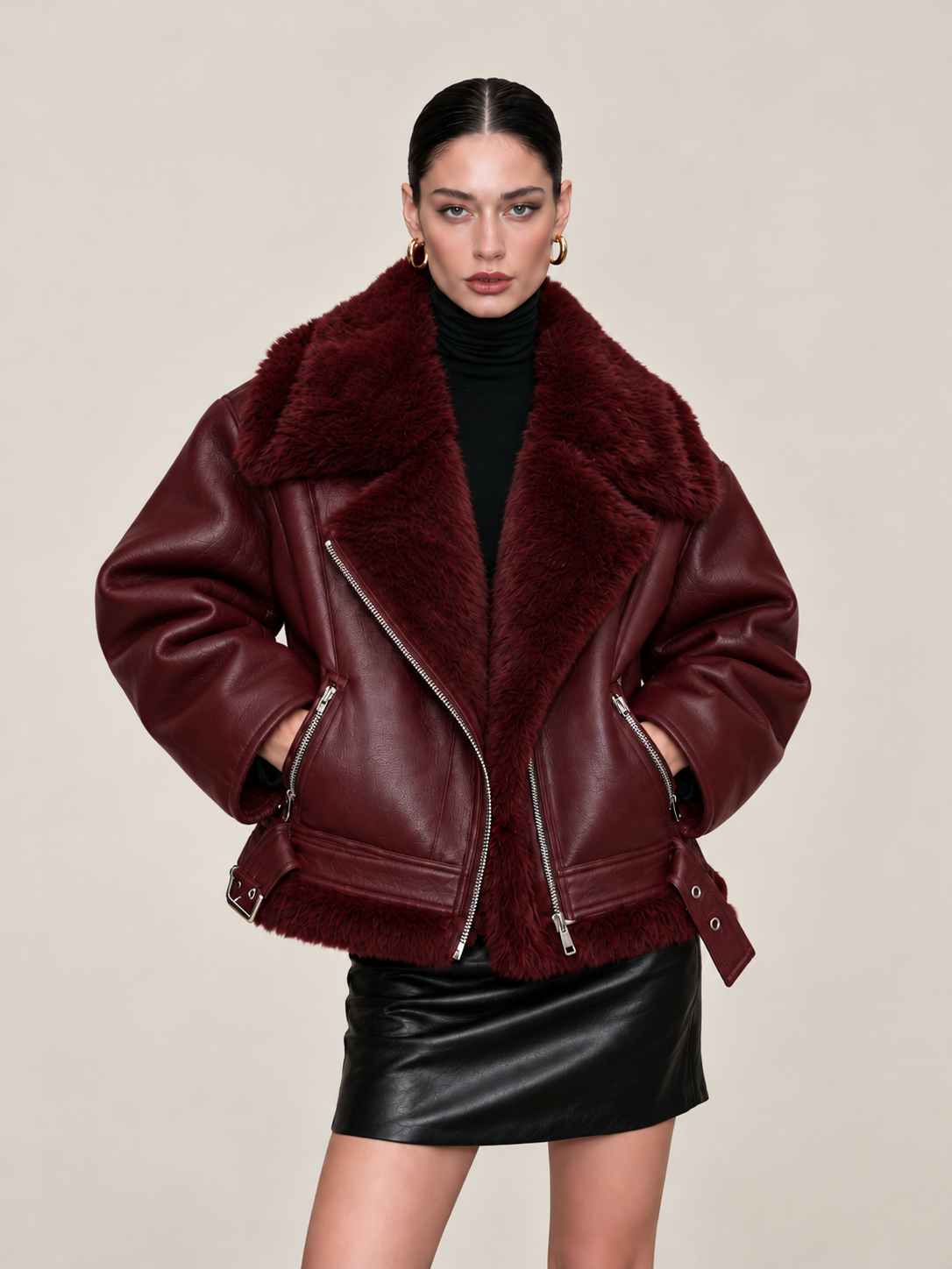 Burgundy Faux Leather Shearling Aviator Jacket With Fur Collar