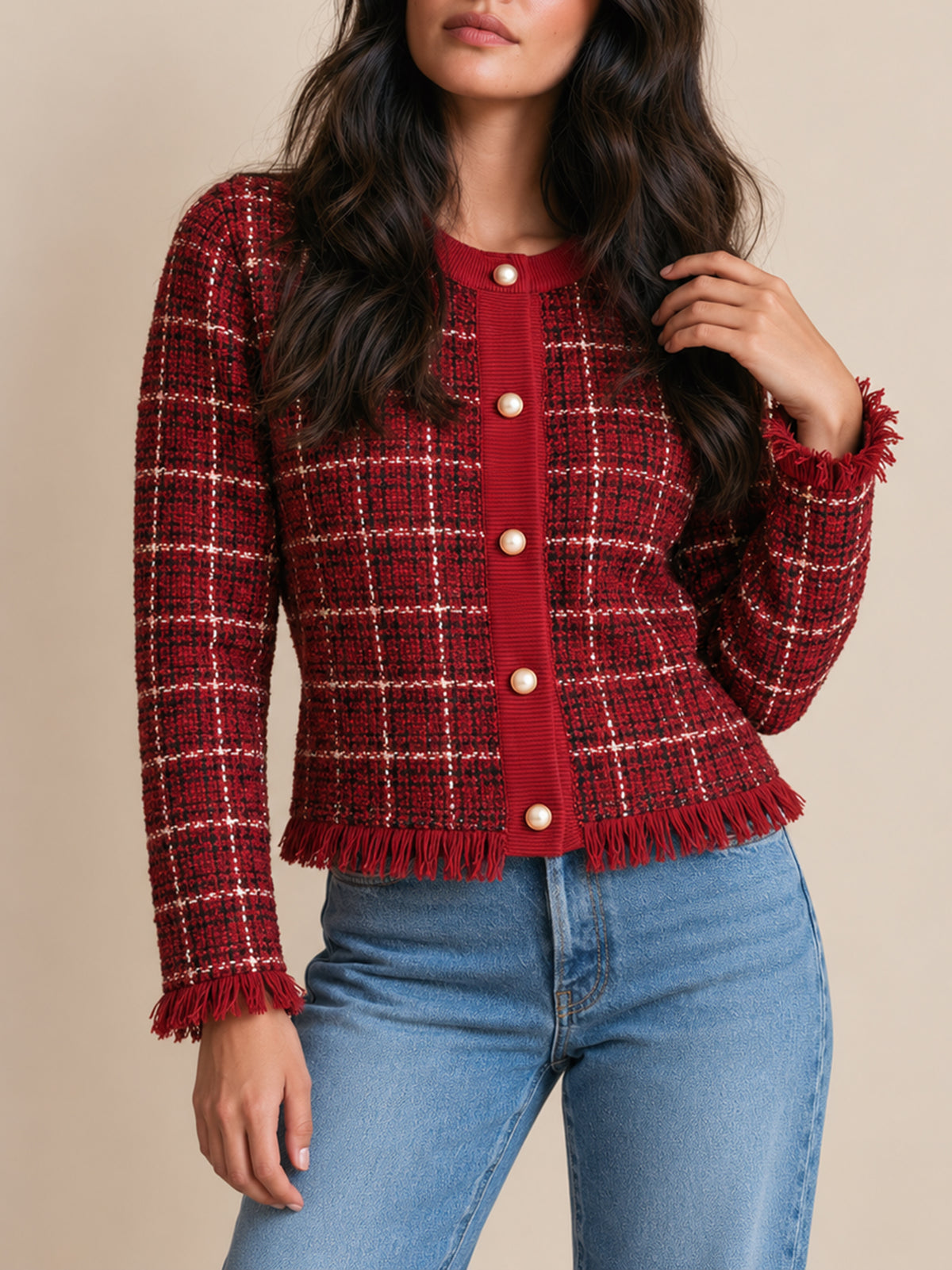 Red Plaid Tweed Fringe Trim Cardigan