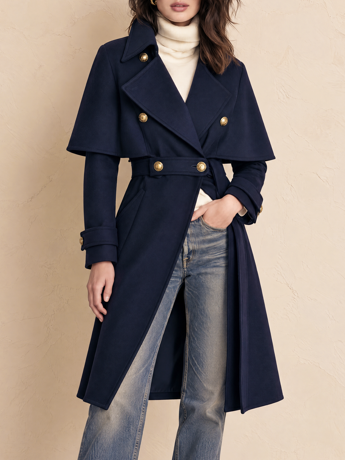 Navy Blue Shawl Woolen Long Coat