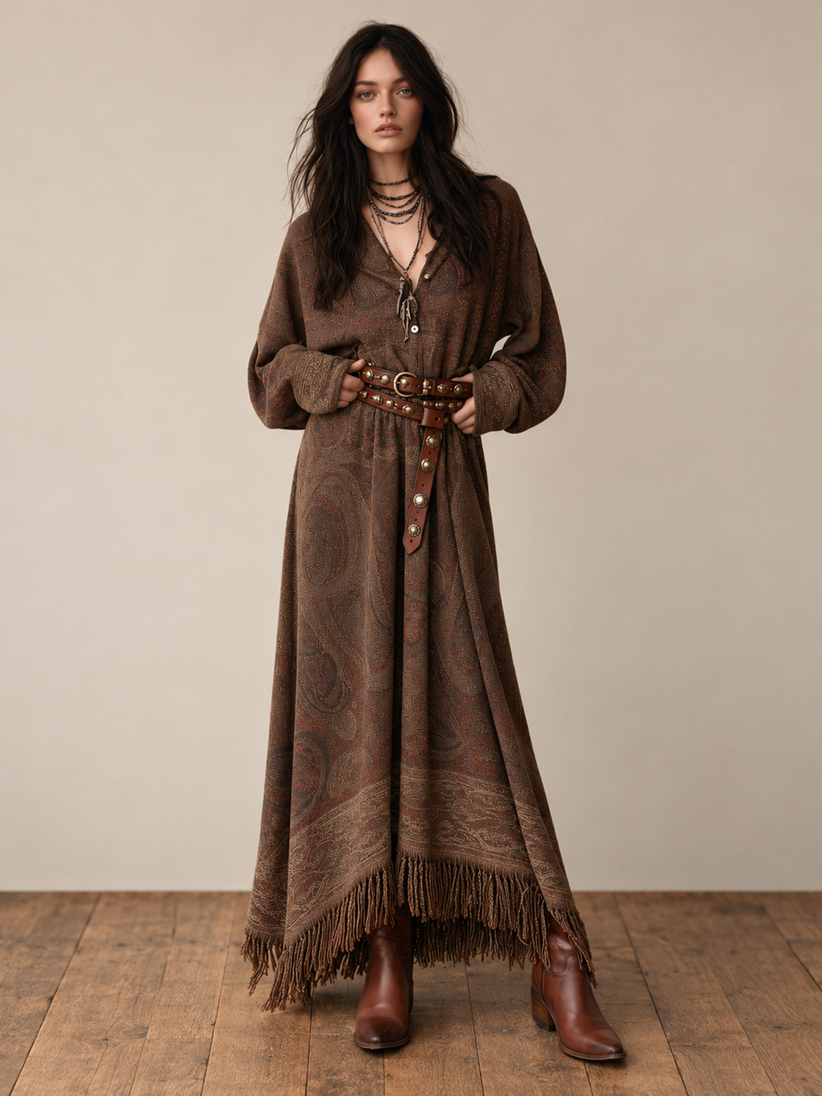 Brown Paisley Print Fringe Hem Boho Maxi Dress