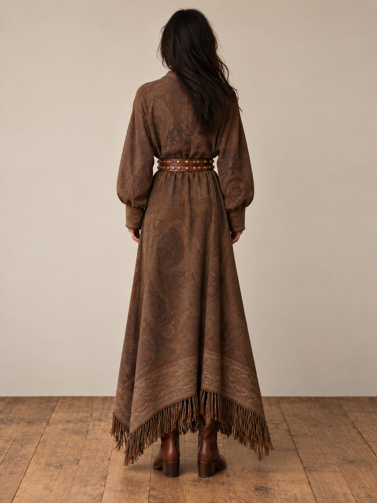 Brown Paisley Print Fringe Hem Boho Maxi Dress