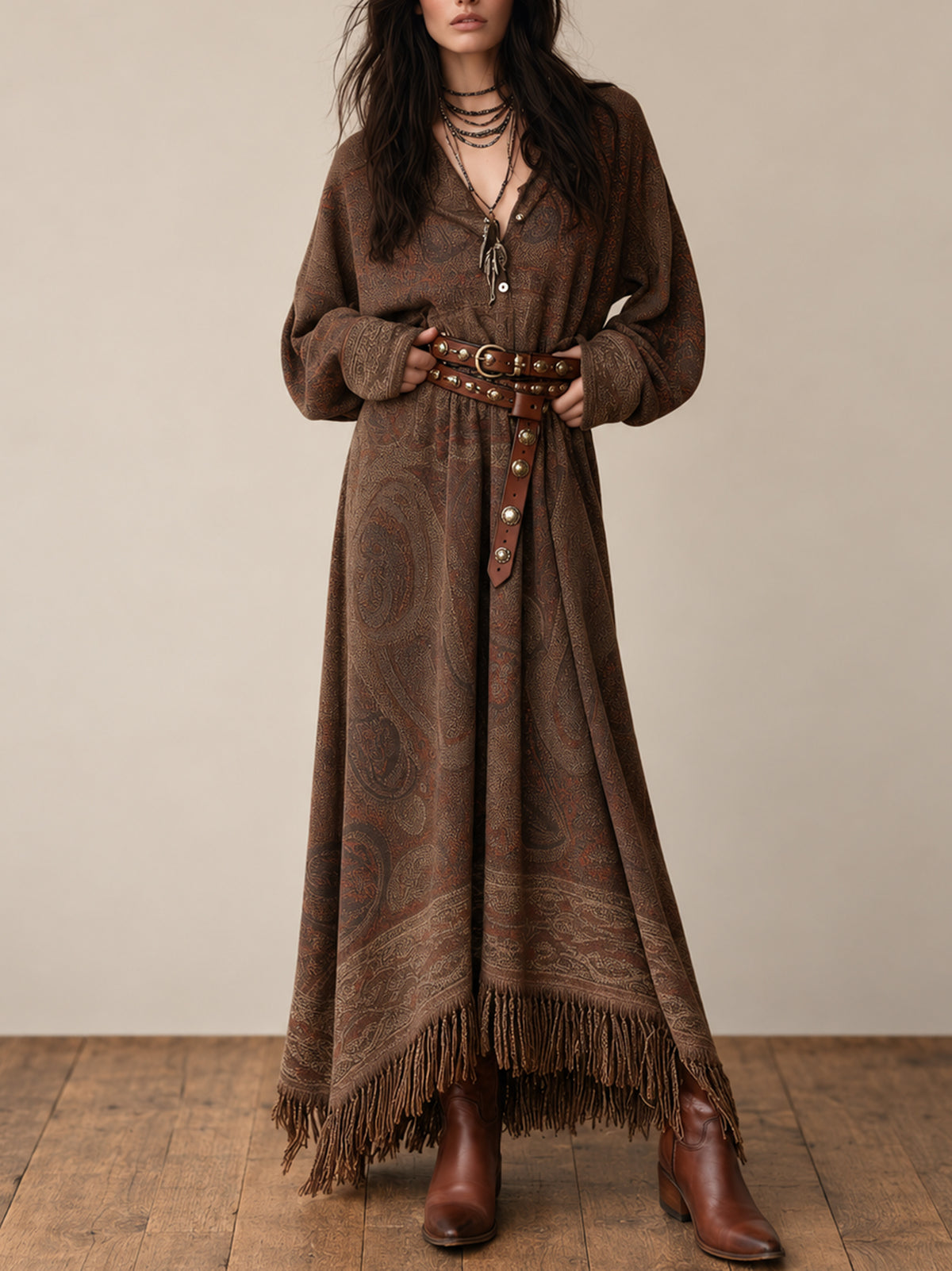 Brown Paisley Print Fringe Hem Boho Maxi Dress