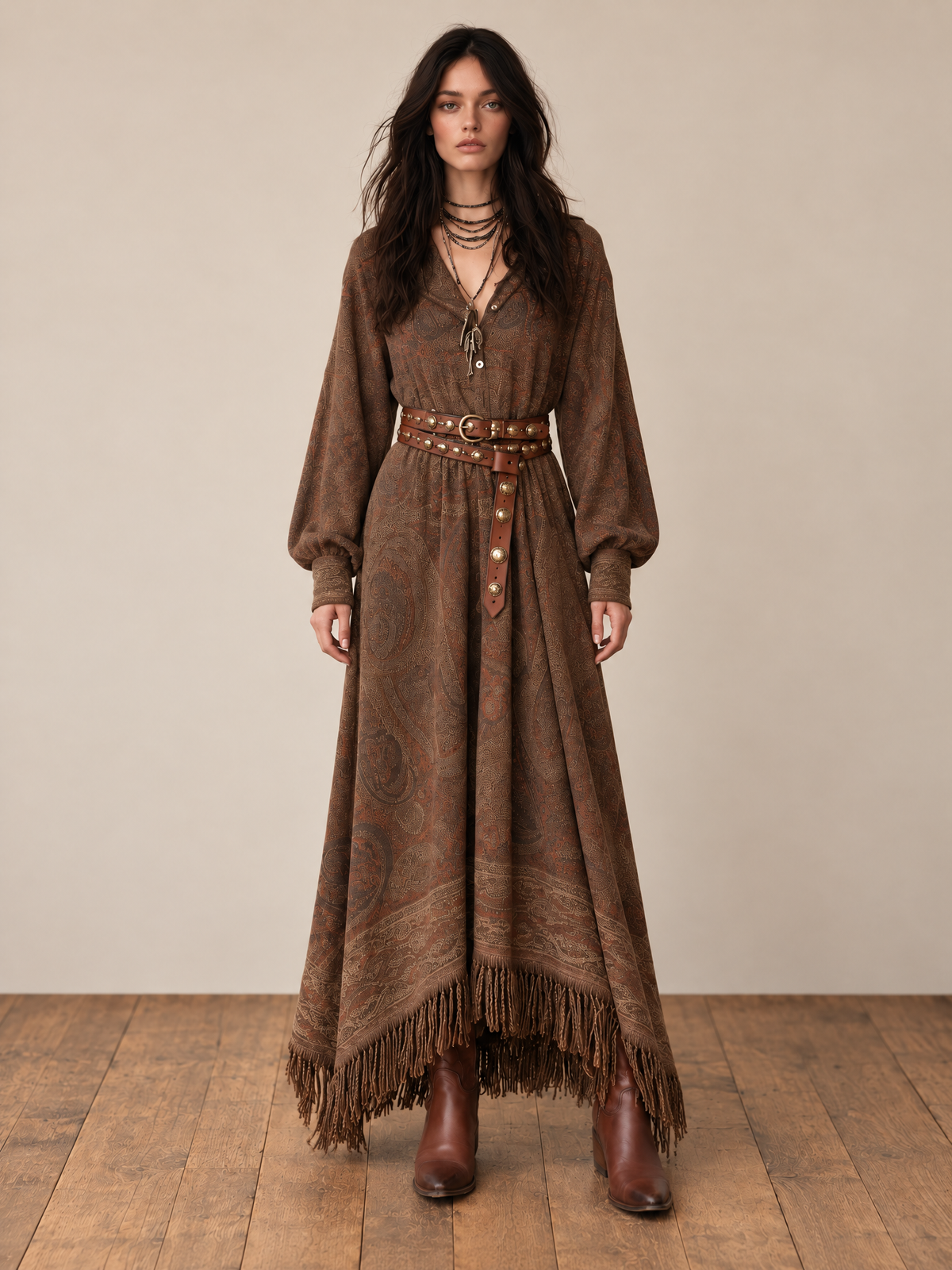 Brown Paisley Print Fringe Hem Boho Maxi Dress