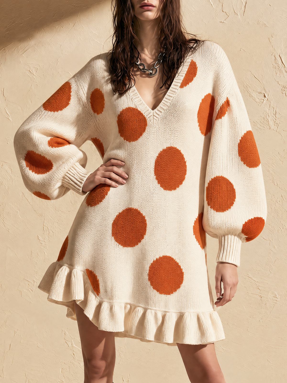 Ivory And Orange Polka Dot Ruffle Hem Wool Knit Mini Dress