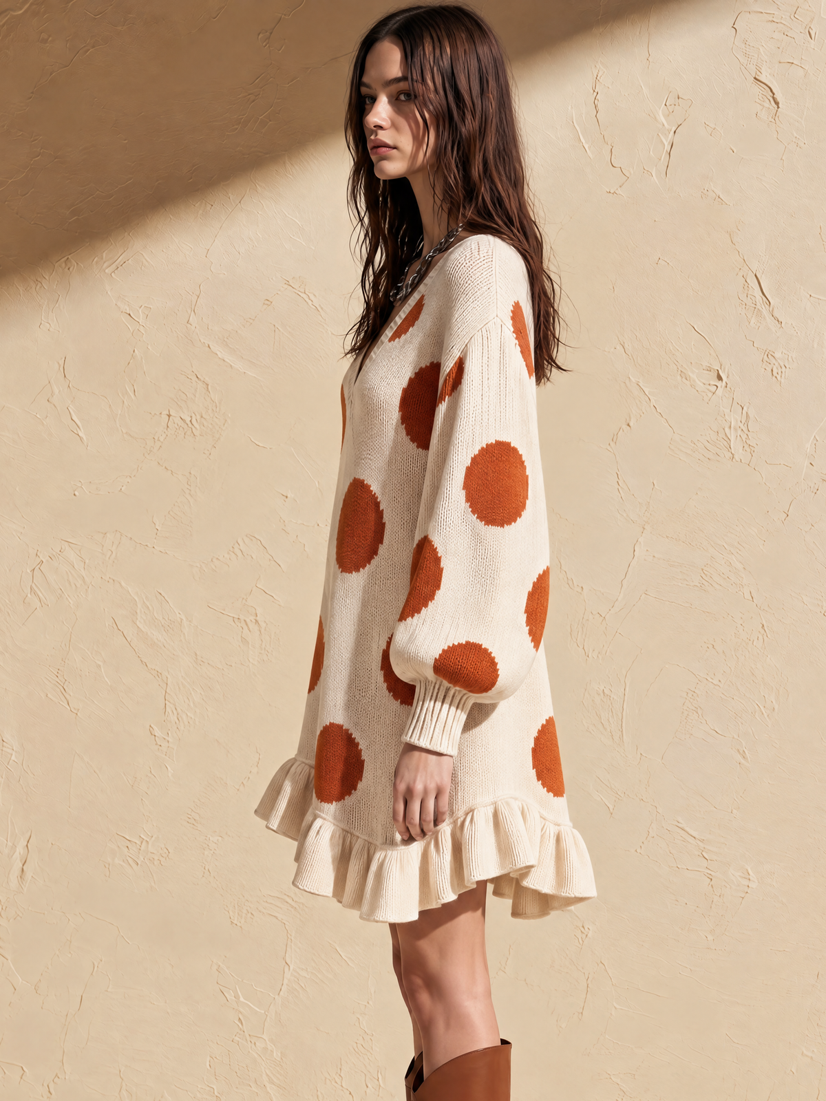 Ivory And Orange Polka Dot Ruffle Hem Wool Knit Mini Dress