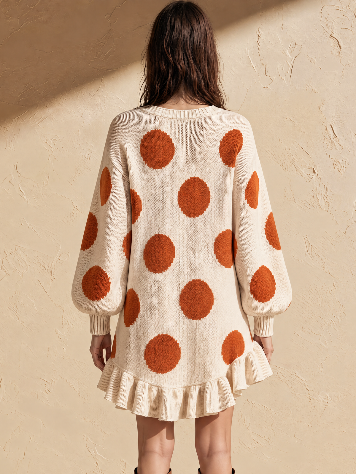 Ivory And Orange Polka Dot Ruffle Hem Wool Knit Mini Dress