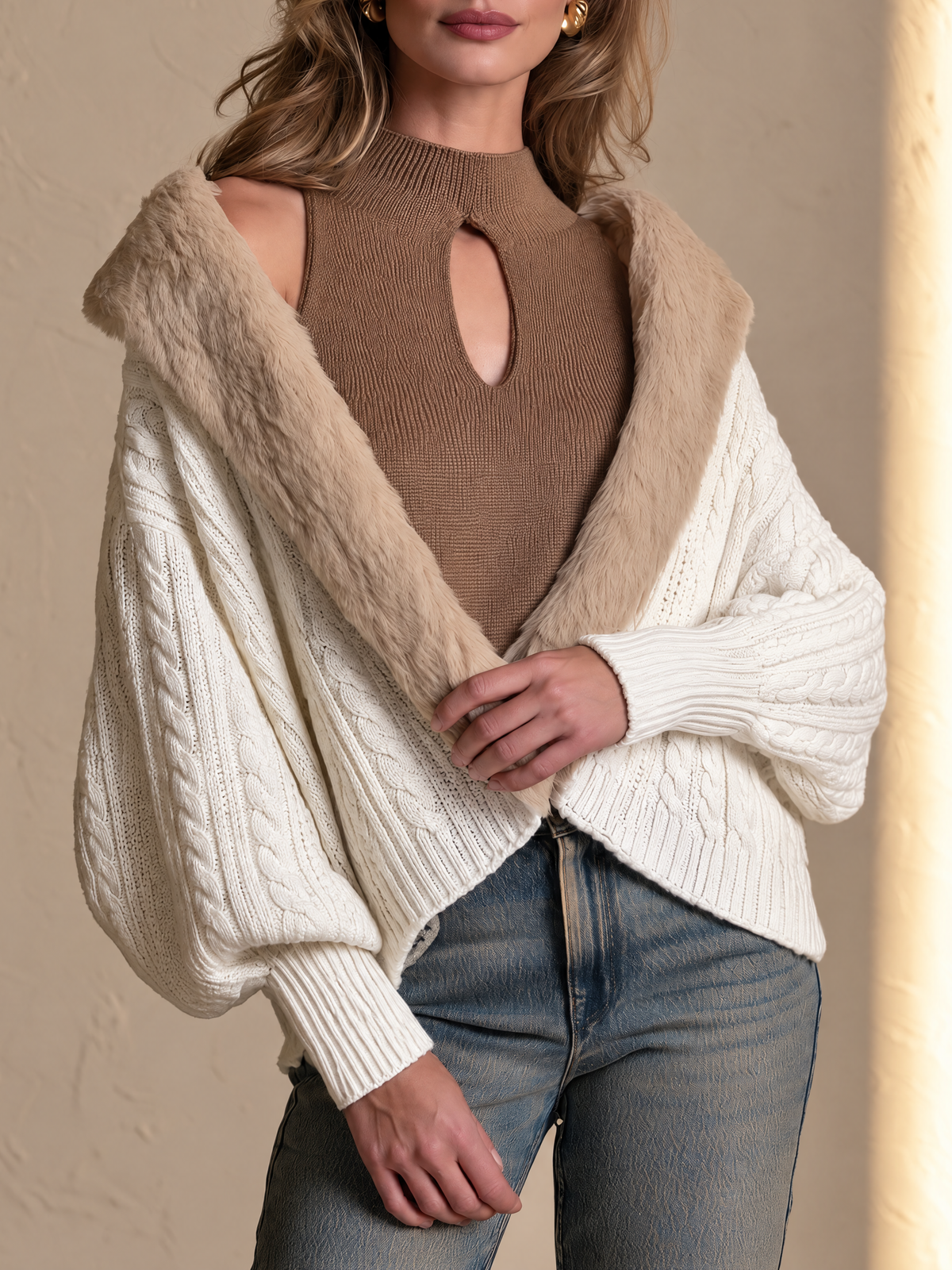 Ivory And Camel Fur Collar Wool Cable Knit Cardigan