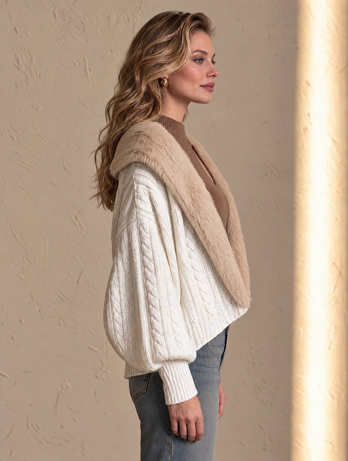 Ivory And Camel Fur Collar Wool Cable Knit Cardigan