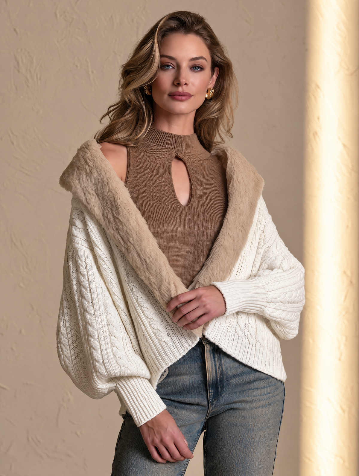 Ivory And Camel Fur Collar Wool Cable Knit Cardigan