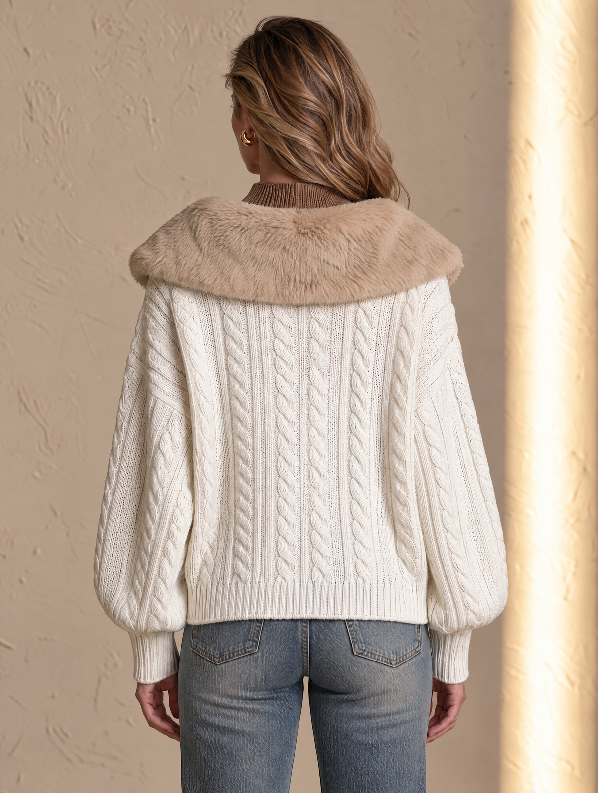 Ivory And Camel Fur Collar Wool Cable Knit Cardigan