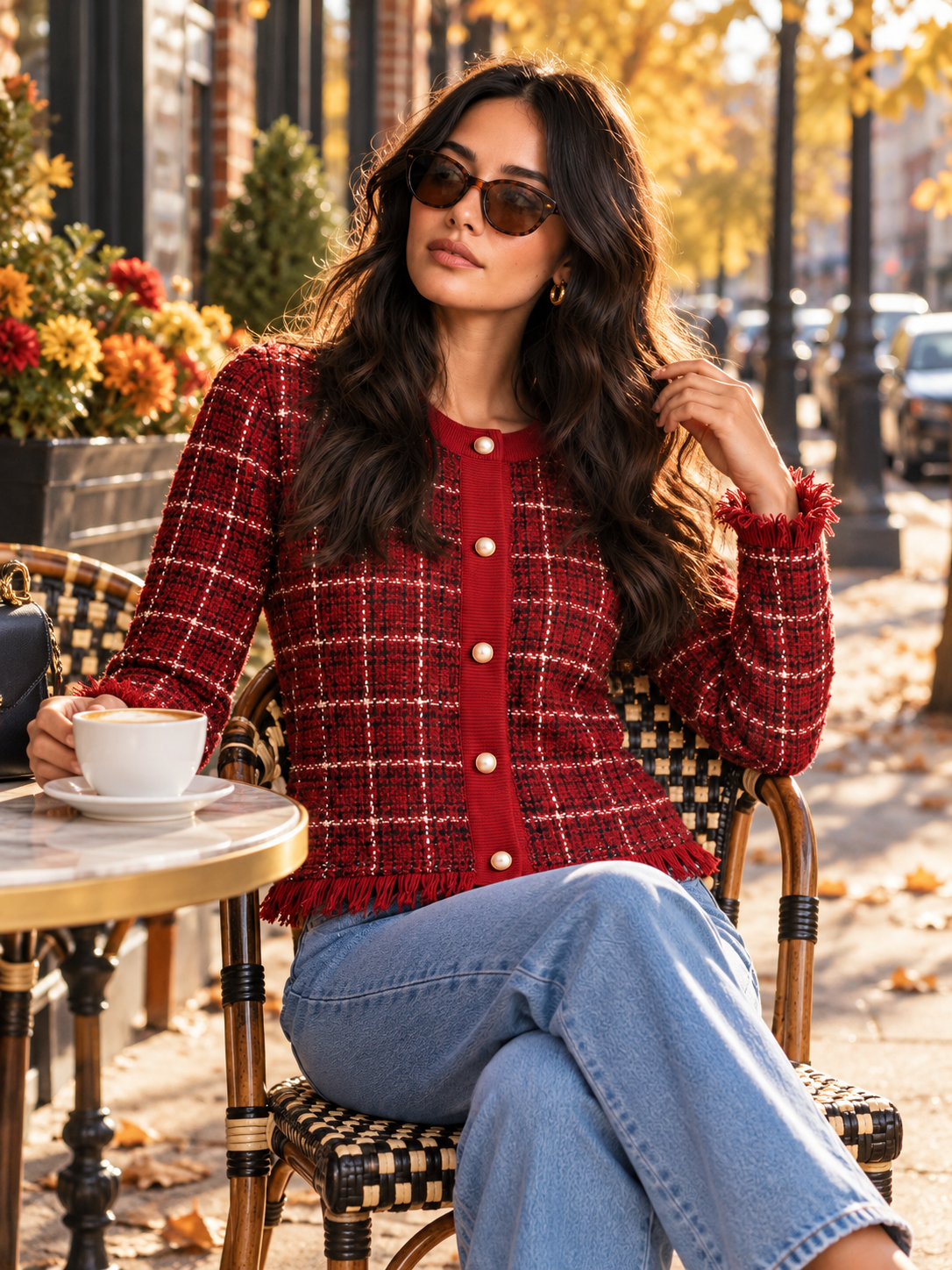 Red Plaid Tweed Fringe Trim Cardigan