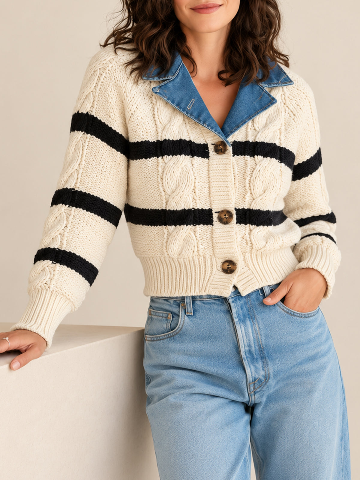 Cream Striped Cable Knit Cardigan With Contrast Denim Collar