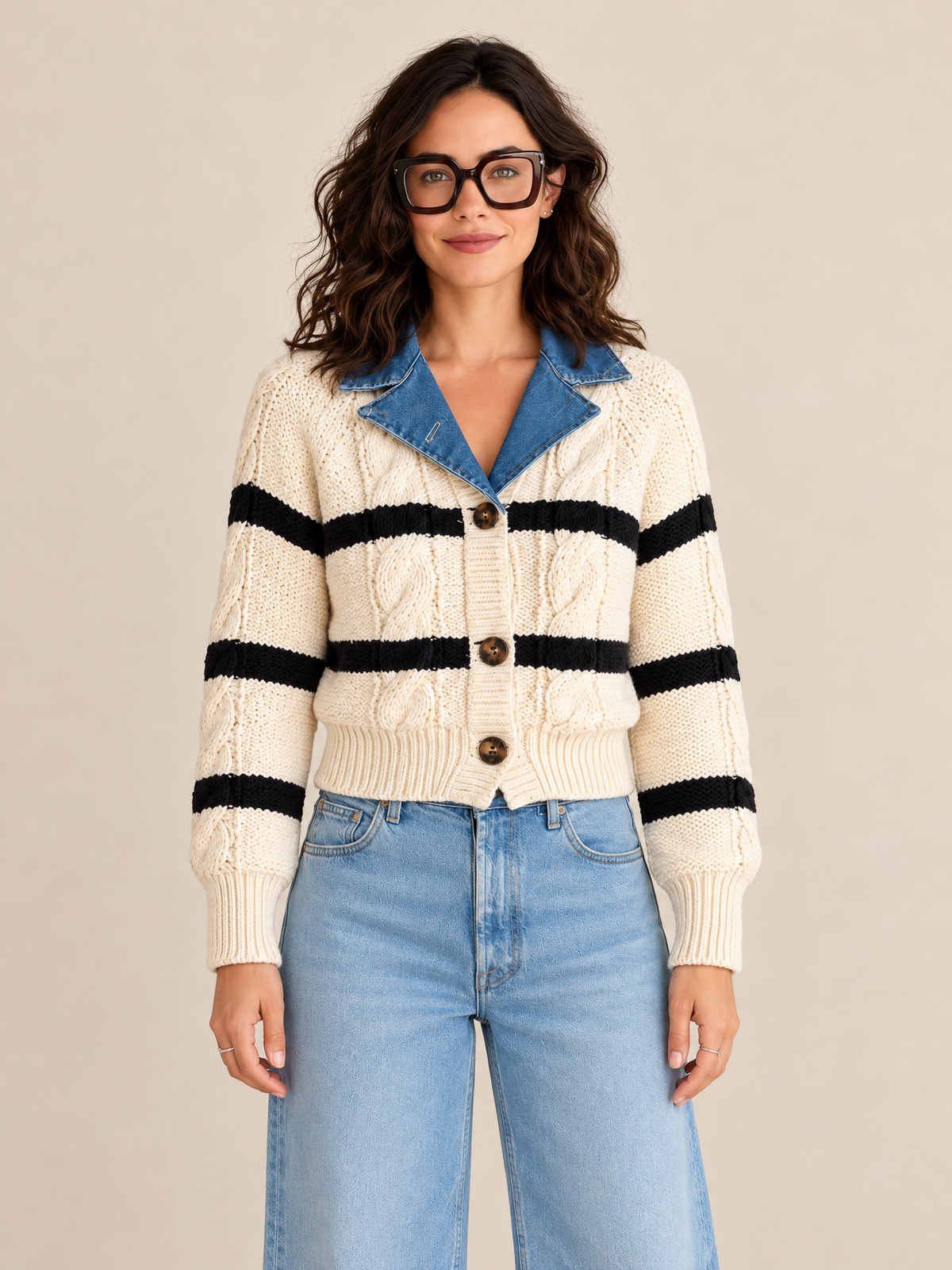 Cream Striped Cable Knit Cardigan With Contrast Denim Collar