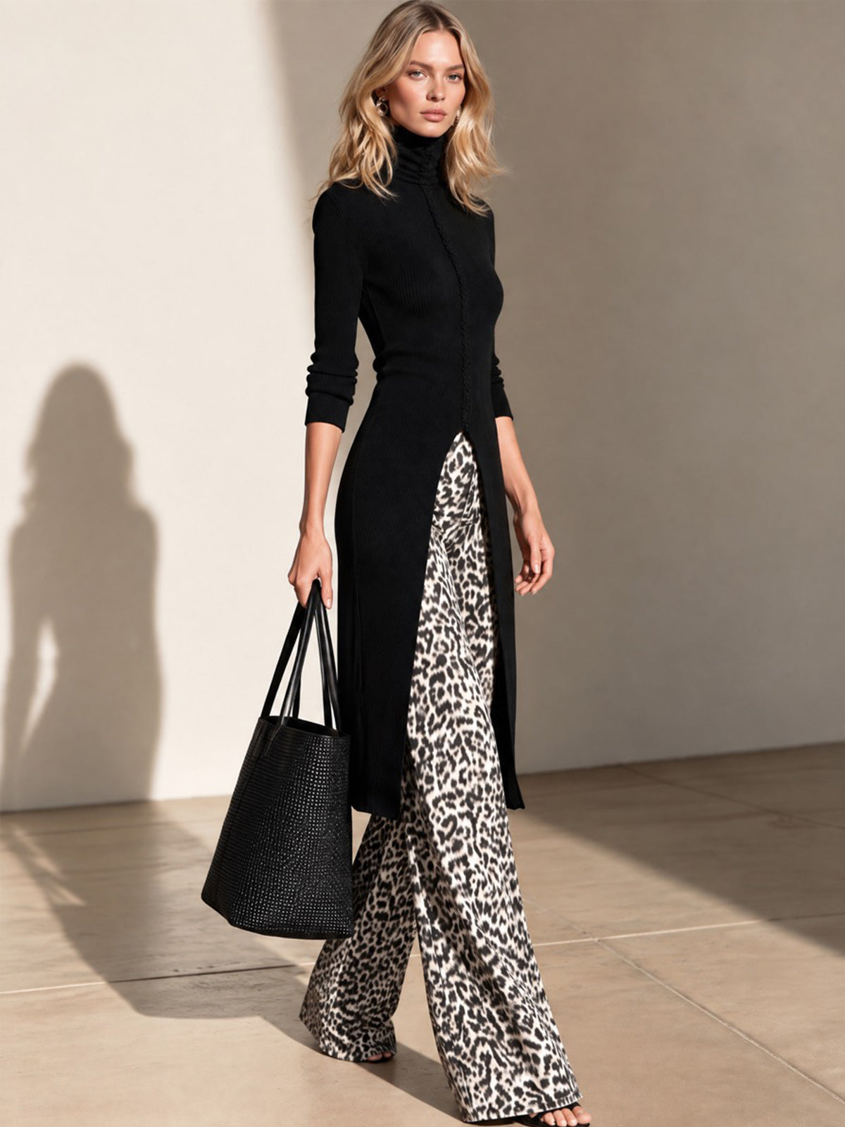 Black Ribbed Knit Turtleneck Long Tunic Sweater