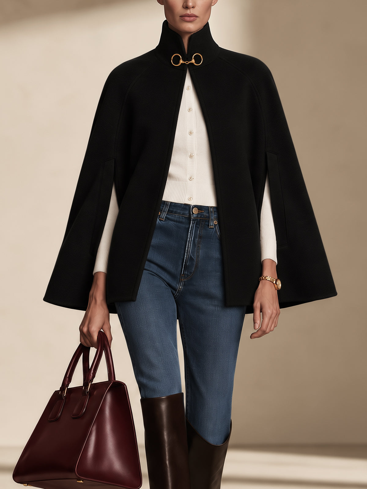 Black Stand Collar Cape Coat Outerwear