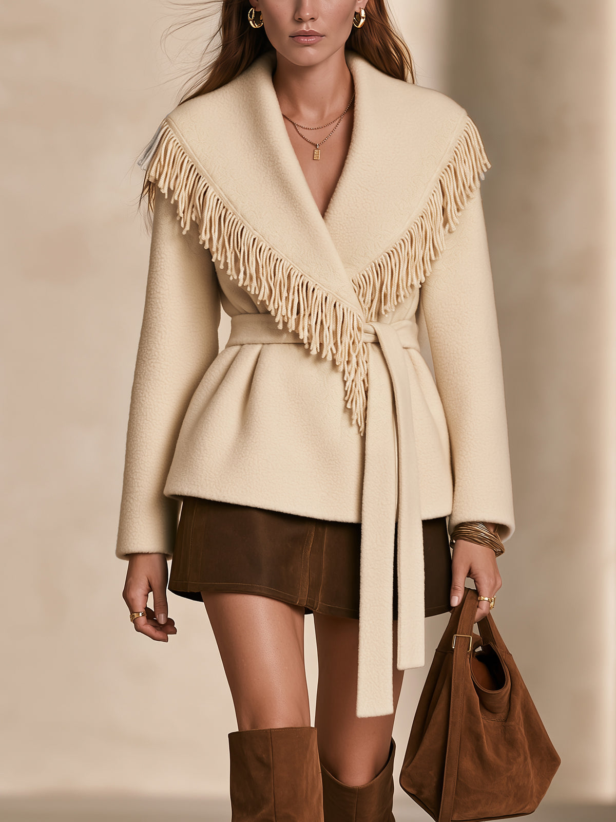 Shawl Collar Fringed Belted Wool Blend Jacket Coat