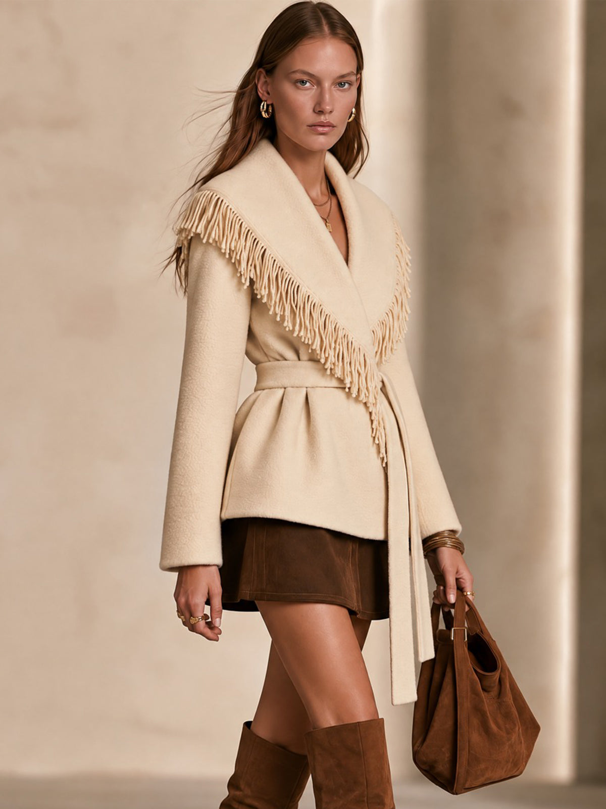 Shawl Collar Fringed Belted Wool Blend Jacket Coat