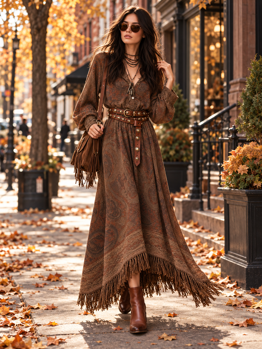 Brown Paisley Print Fringe Hem Boho Maxi Dress
