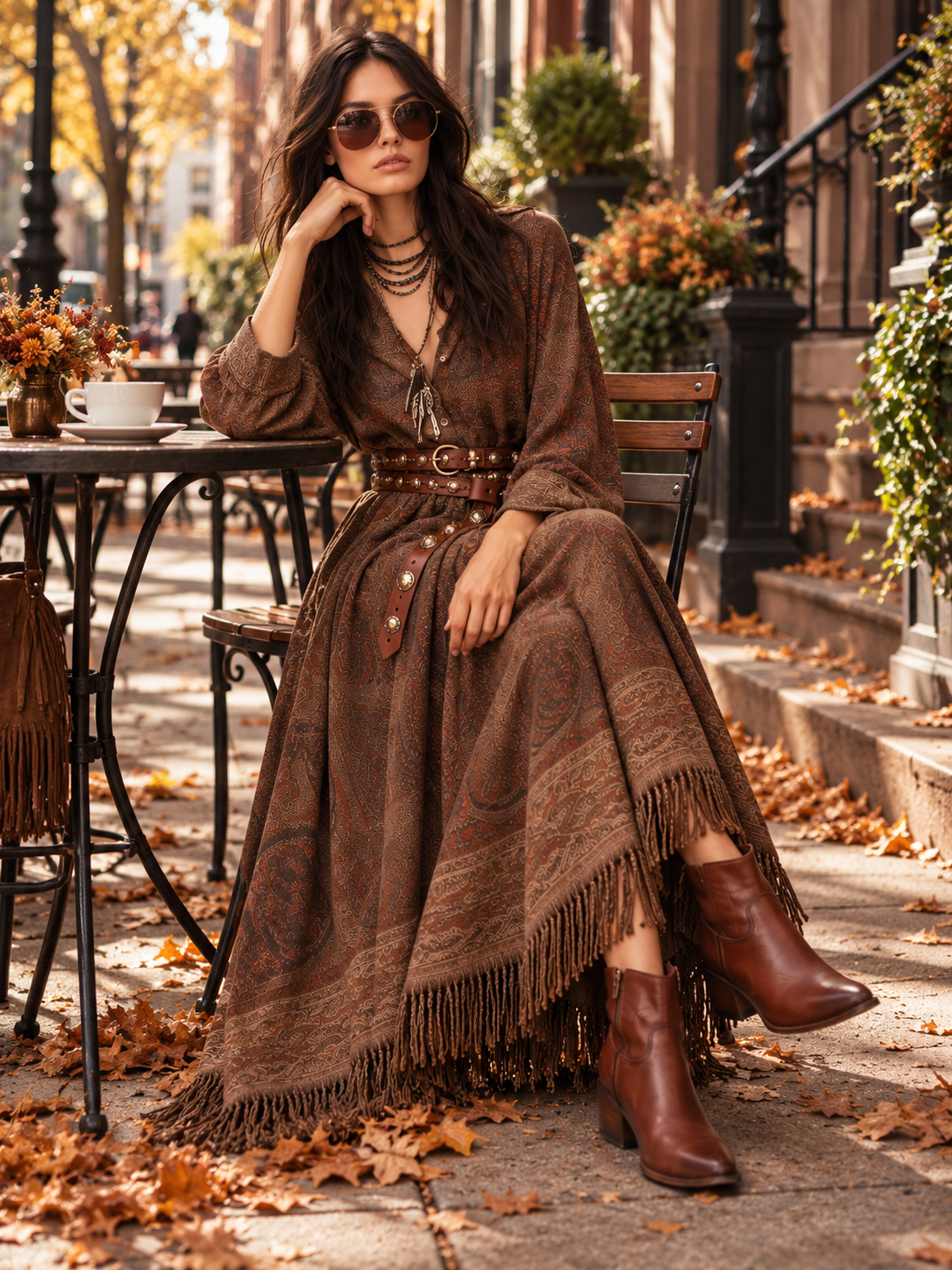 Brown Paisley Print Fringe Hem Boho Maxi Dress