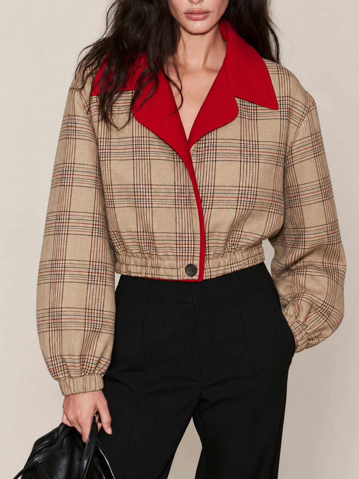 Beige Plaid Cropped Bomber Jacket With Contrast Red Collar