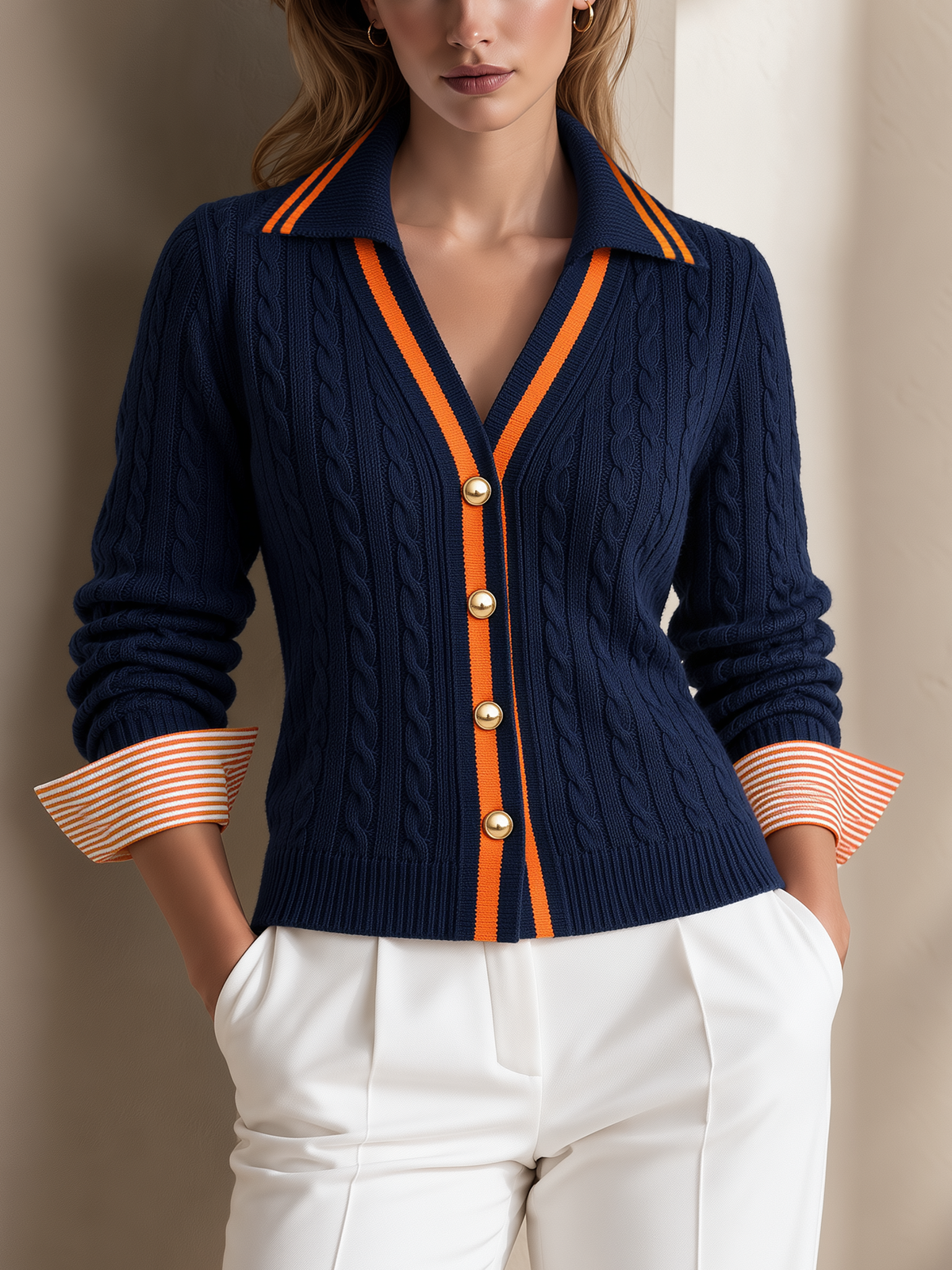 Navy & Orange Contrast Collar Cable Knit Cardigan