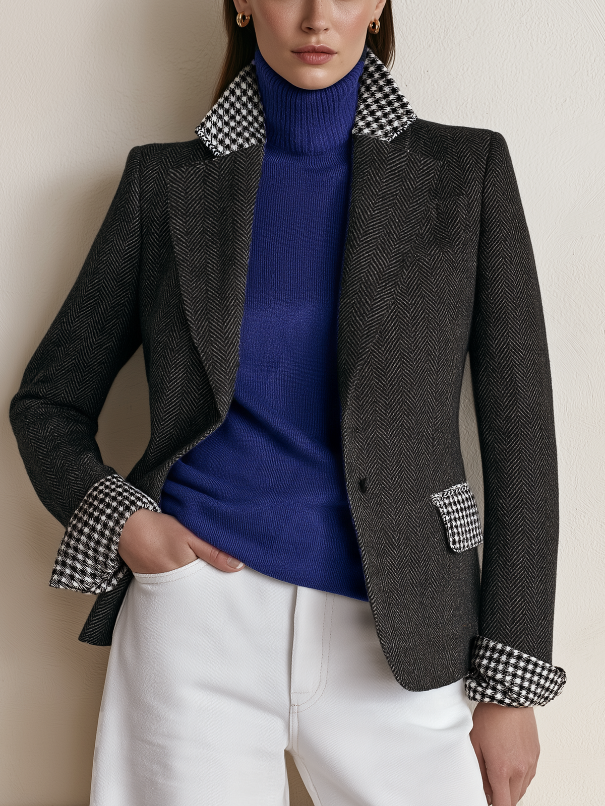 Houndstooth And Herringbone Color-Block Blazer