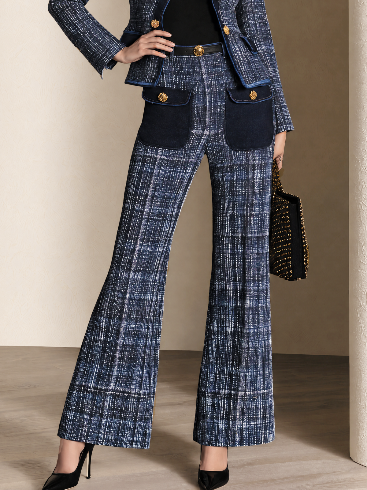 Navy Blue Denim Pocket Tweed Flared Trousers