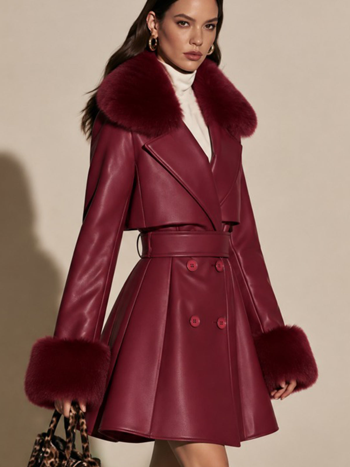 Faux Leather Detachable Fur Trim Trench Dress Coat