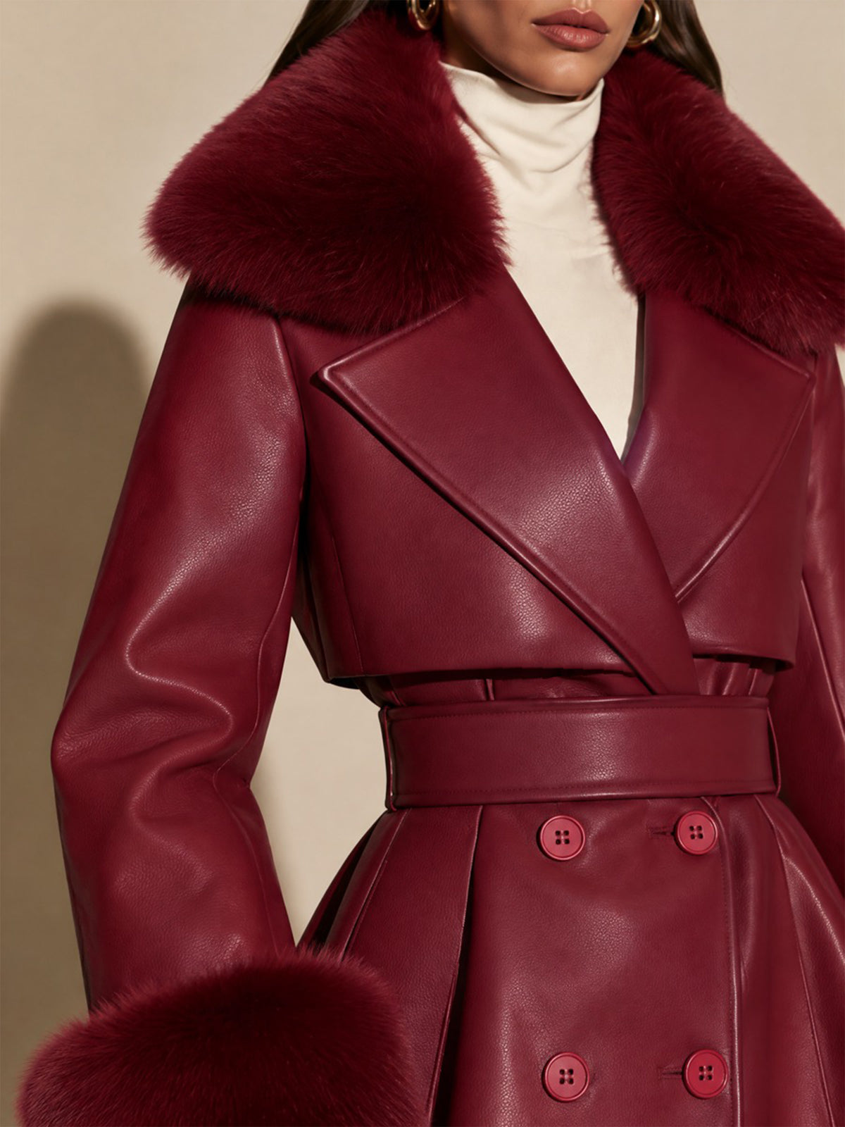 Faux Leather Detachable Fur Trim Trench Dress Coat