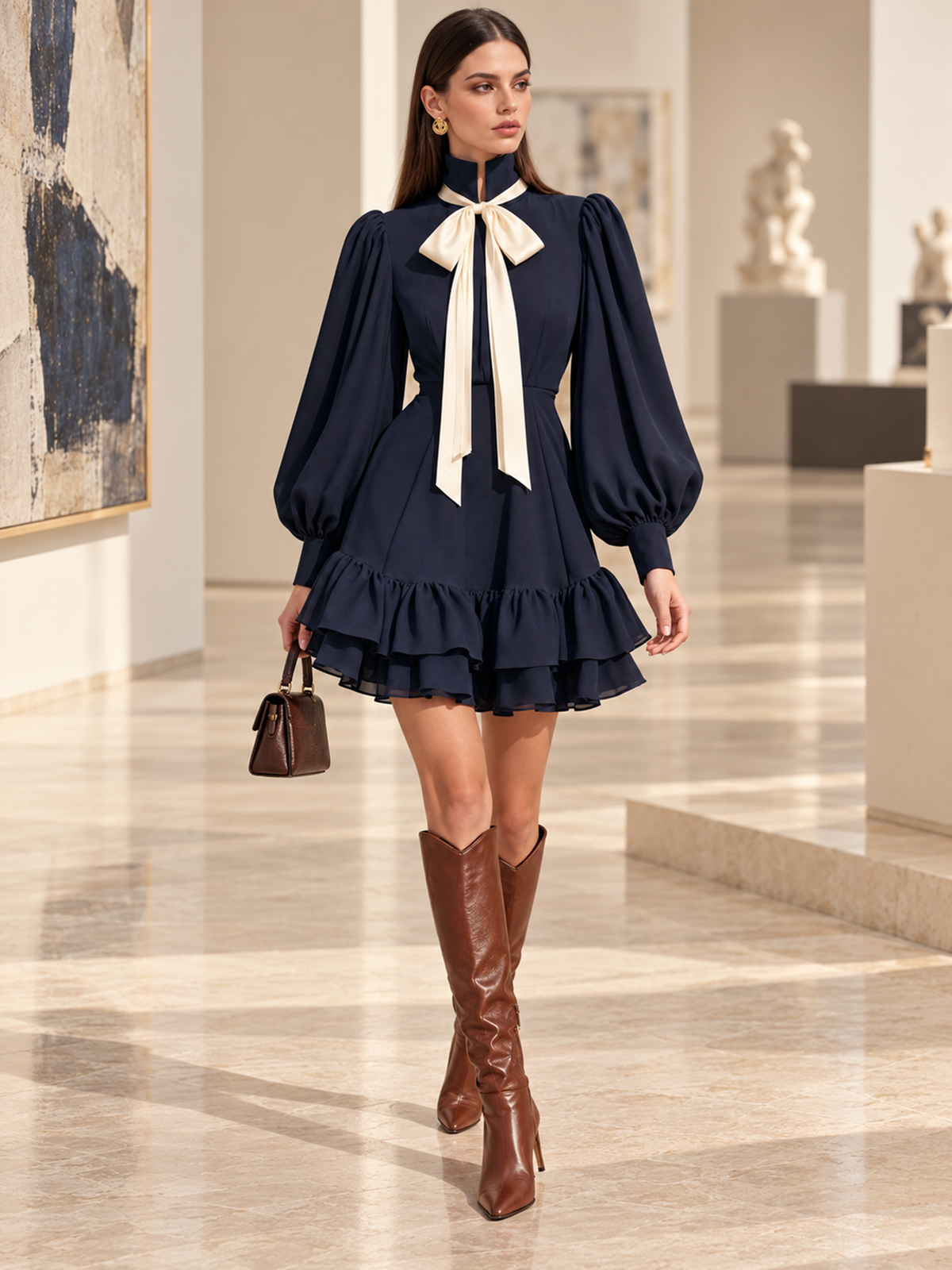 Navy Blue And White Bow Neck Ruffle Chiffon Dress