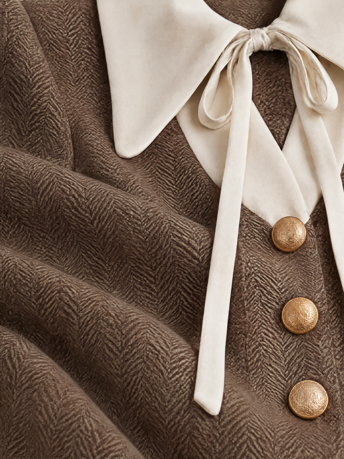Taupe Herringbone Blouse With Cream Bow Collar