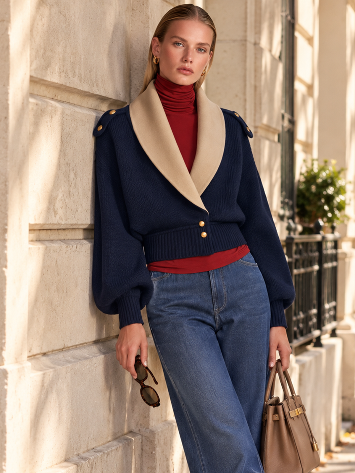 Navy Contrast Lapel Cropped Knit Cardigan