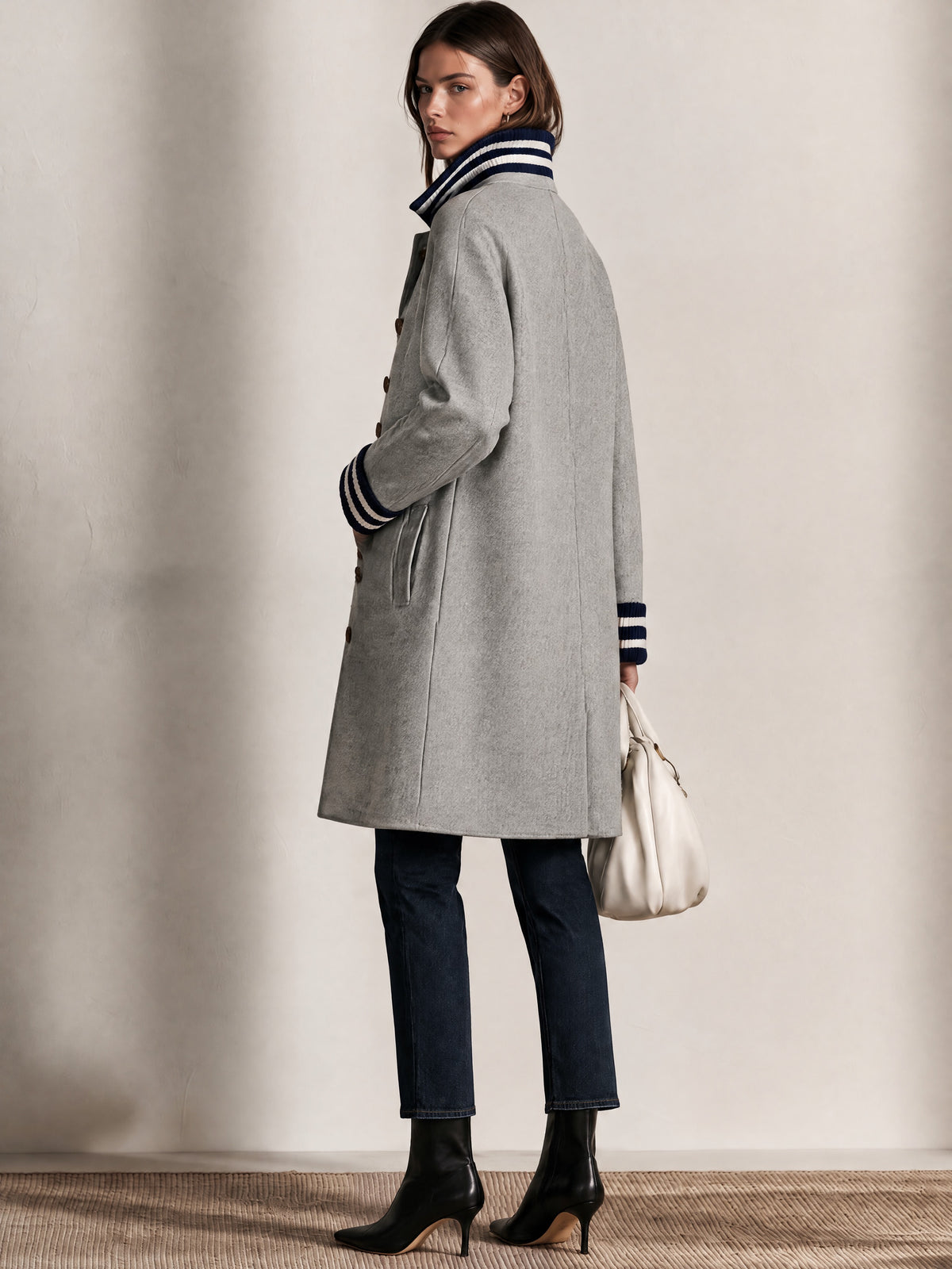Light Grey Striped Knit Collar & Cuffs Coat Overcoat