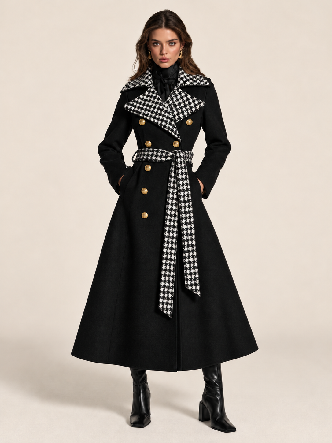 Black Wool-Blend Houndstooth Contrast Lapel Belted Maxi Coat