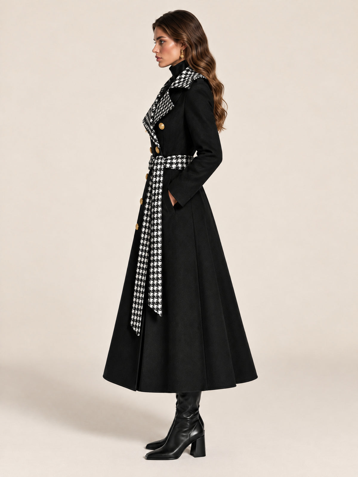 Black Wool-Blend Houndstooth Contrast Lapel Belted Maxi Coat