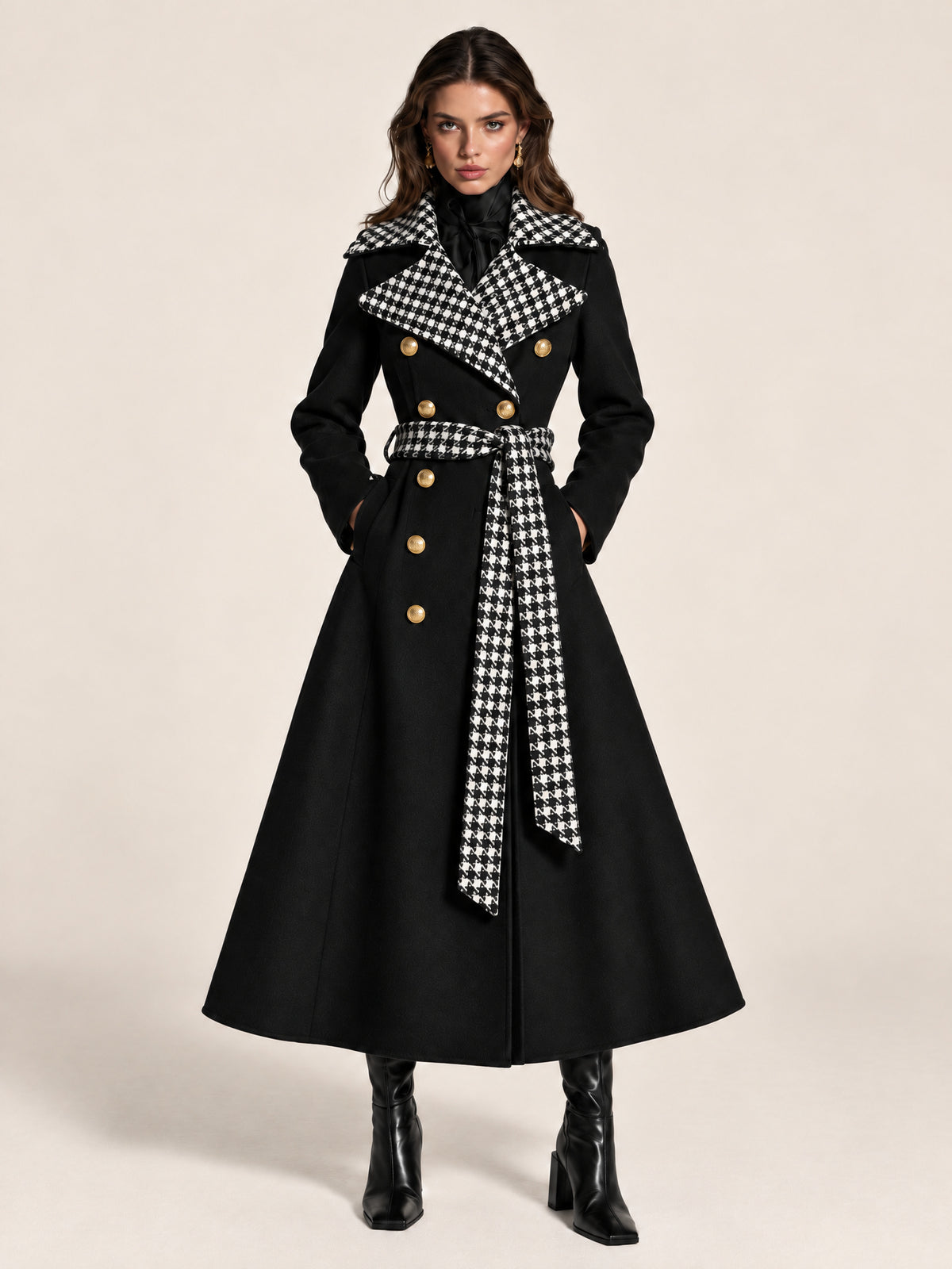 Black Wool-Blend Houndstooth Contrast Lapel Belted Maxi Coat