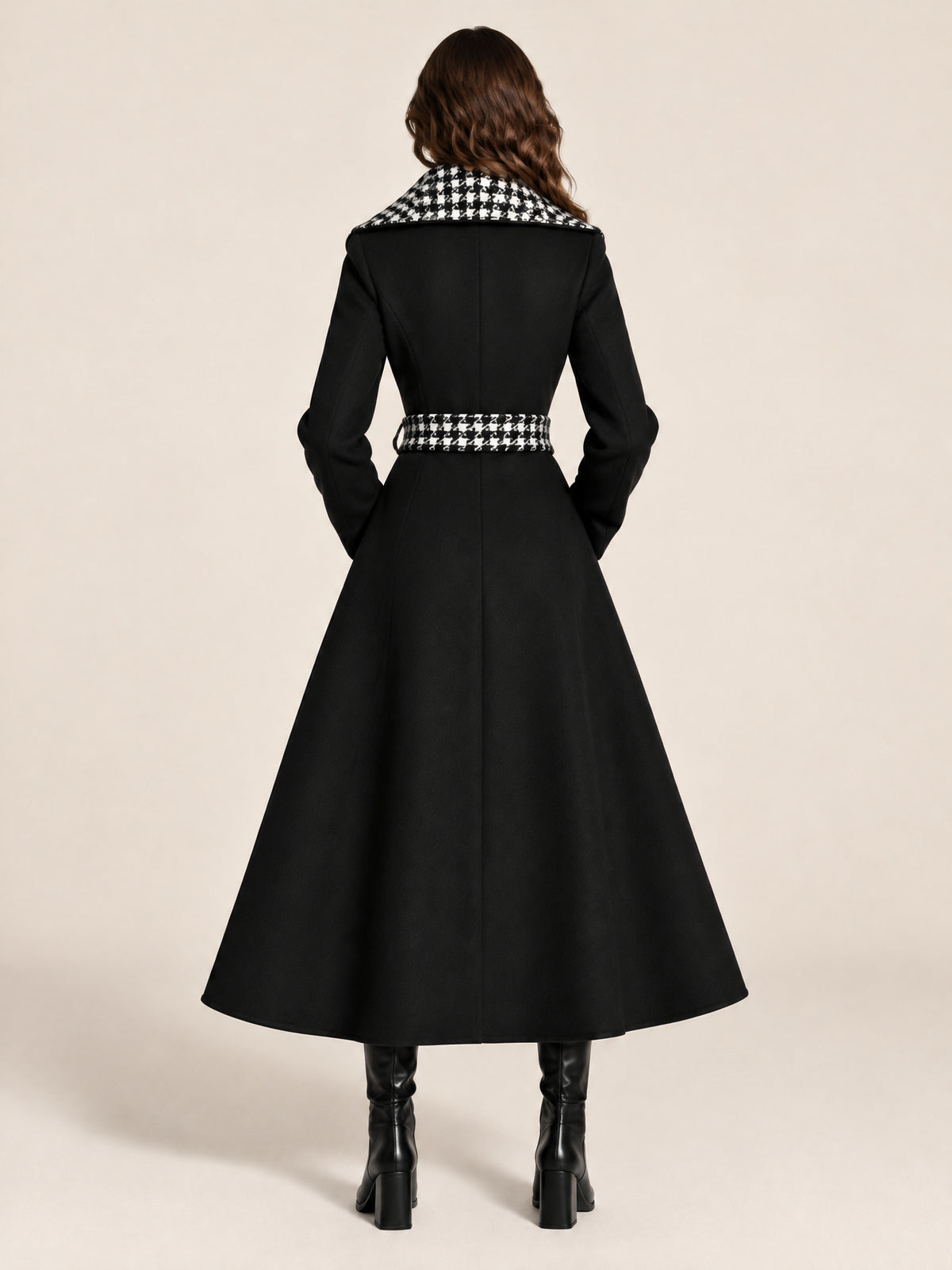 Black Wool-Blend Houndstooth Contrast Lapel Belted Maxi Coat