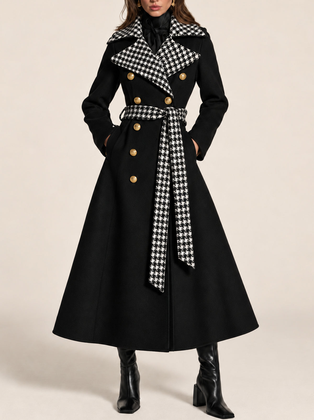 Black Wool-Blend Houndstooth Contrast Lapel Belted Maxi Coat