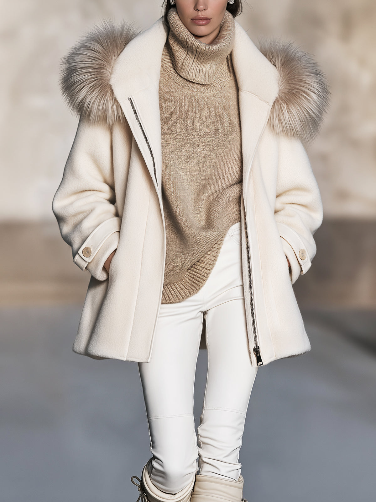 Cream Fur-Trim Hooded Zip Coat Winter Outerwear