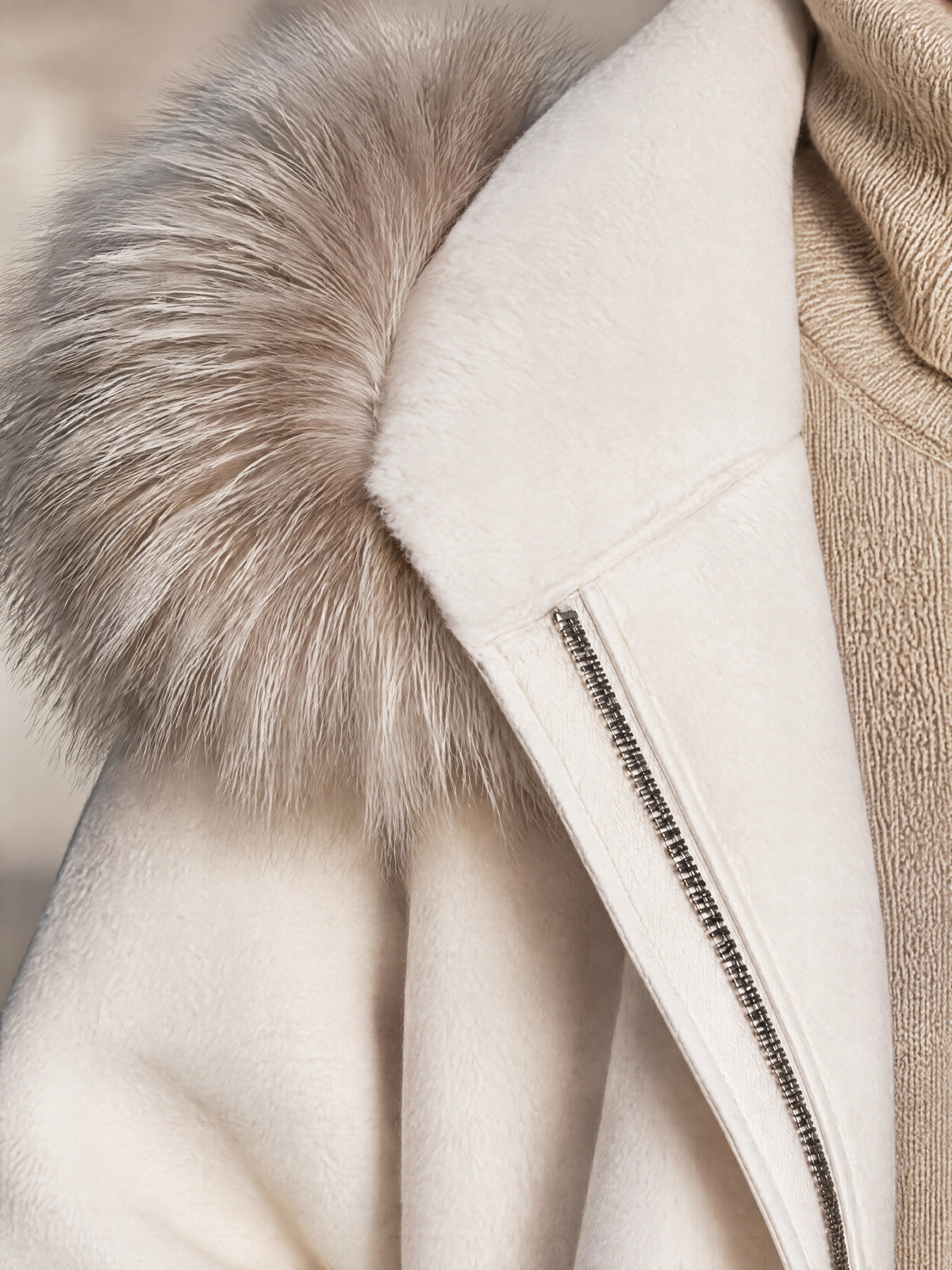 Cream Fur-Trim Hooded Zip Coat Winter Outerwear
