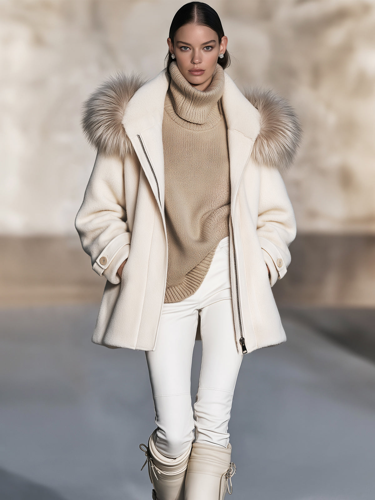 Cream Fur-Trim Hooded Zip Coat Winter Outerwear