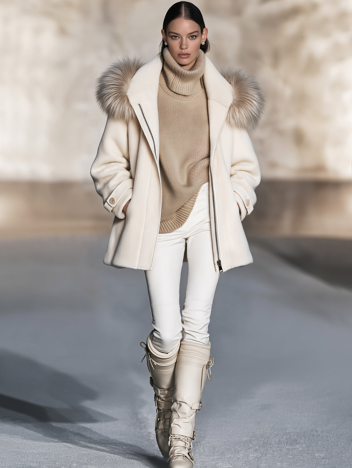Cream Fur-Trim Hooded Zip Coat Winter Outerwear