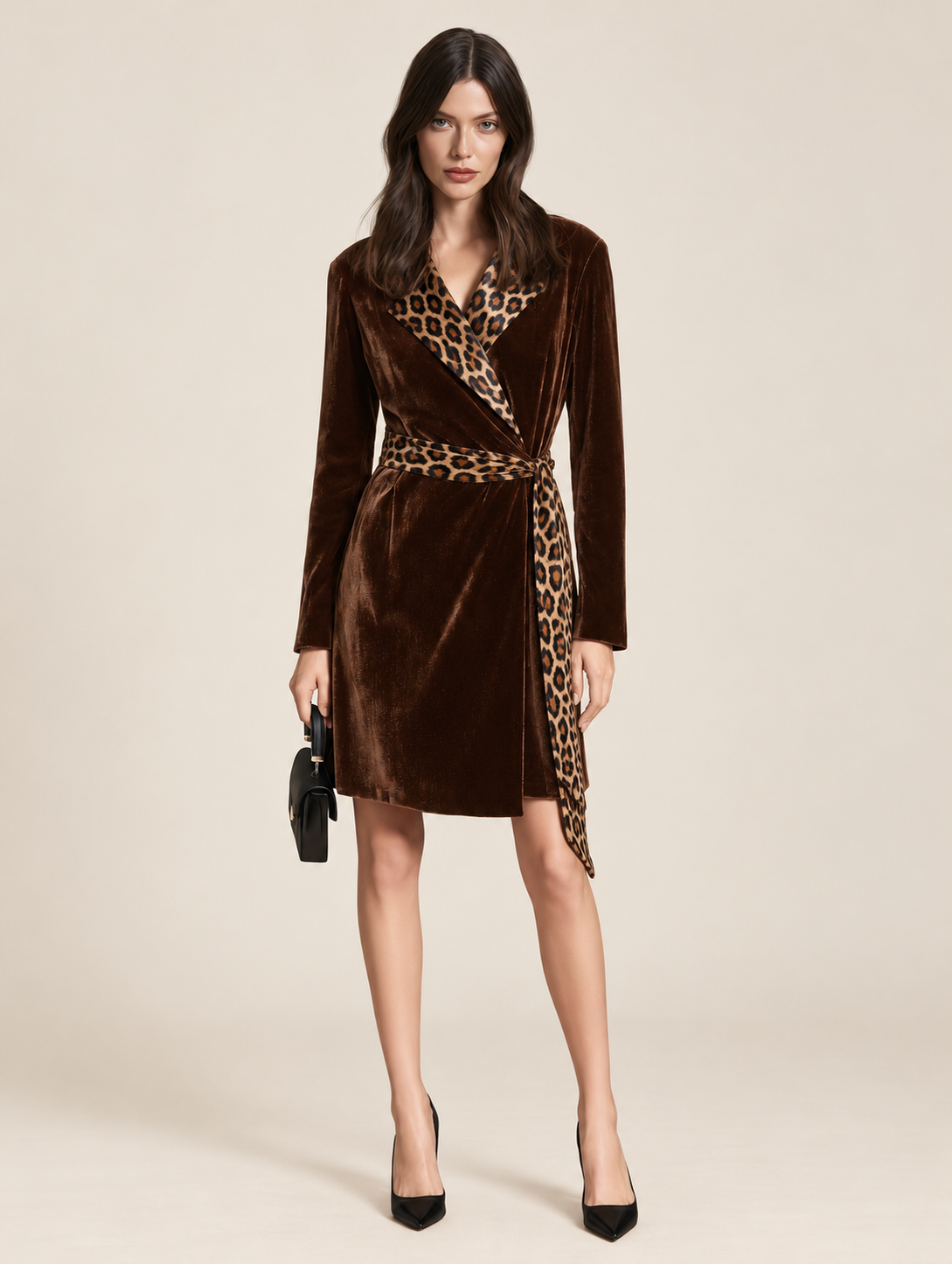 Contrast Leopard Print Lapel Brown Velvet Wrap Dress