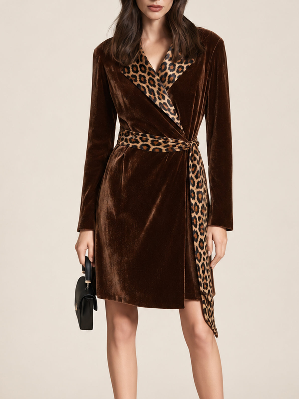Contrast Leopard Print Lapel Brown Velvet Wrap Dress
