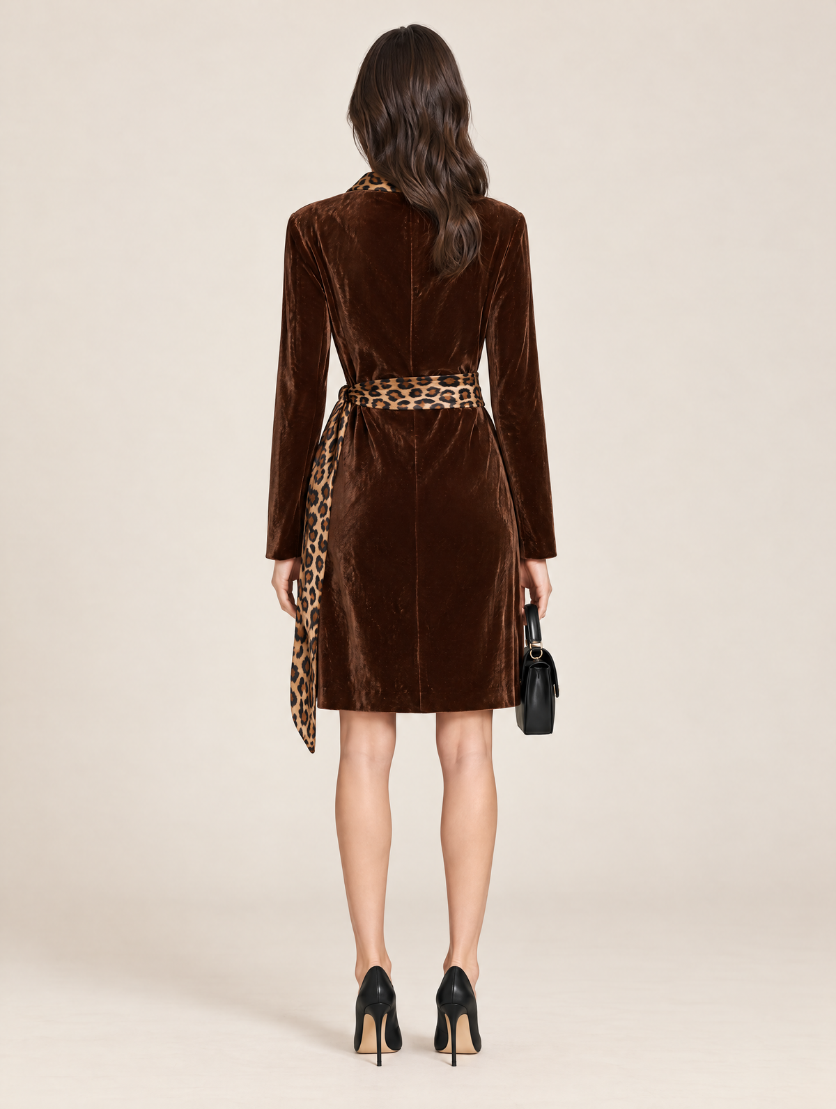 Contrast Leopard Print Lapel Brown Velvet Wrap Dress